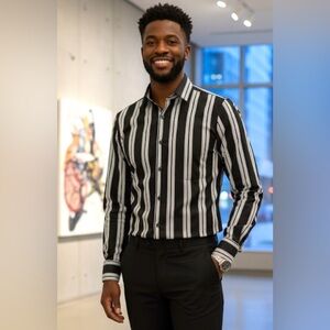 Le Chateau- Men's Black and White Striped Long Sleeve Button Down Dress Shirt